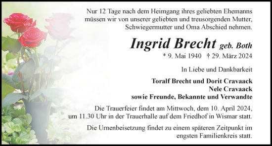 Traueranzeige von Ingrid Brecht von Ostsee-Zeitung GmbH