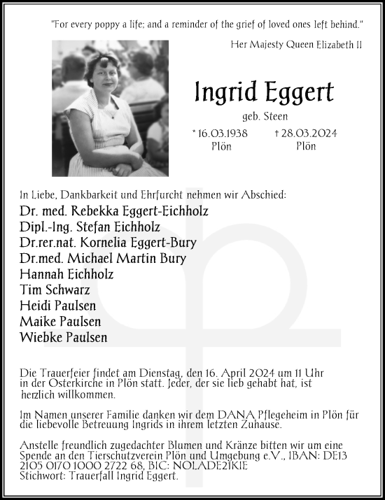 Traueranzeige von Ingrid Eggert von Kieler Nachrichten