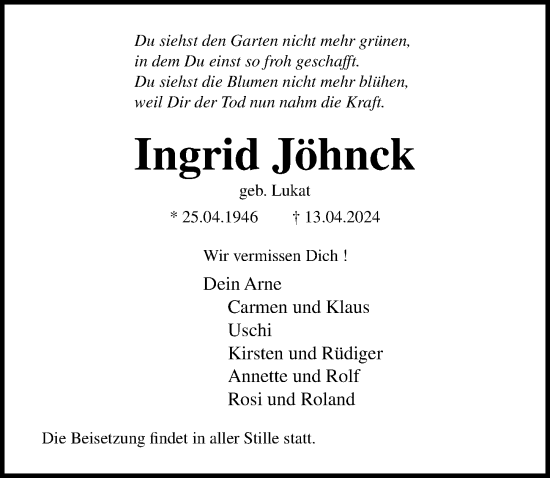 Traueranzeige von Ingrid Jöhnck von Lübecker Nachrichten