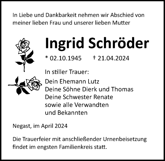 Traueranzeige von Ingrid Schröder von Ostsee-Zeitung GmbH