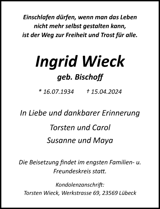 Traueranzeige von Ingrid Wieck von Lübecker Nachrichten