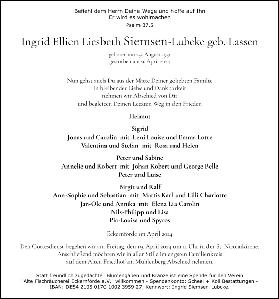 Traueranzeige von Ingrid Ellien Liesbeth Siemsen-Lubcke von Kieler Nachrichten