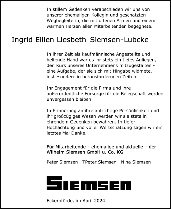 Traueranzeige von Ingrid Ellien Liesbeth Siemsen-Lubcke von Kieler Nachrichten