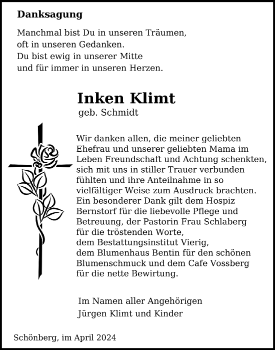 Traueranzeige von Inken Klimt von Ostsee-Zeitung GmbH
