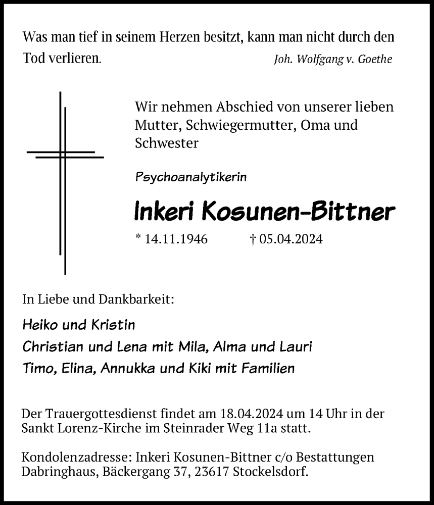  Traueranzeige für Inkeri Kosunen-Bittner vom 14.04.2024 aus Lübecker Nachrichten