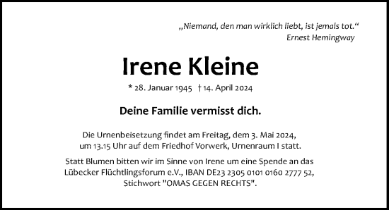 Traueranzeige von Irene Kleine von Lübecker Nachrichten