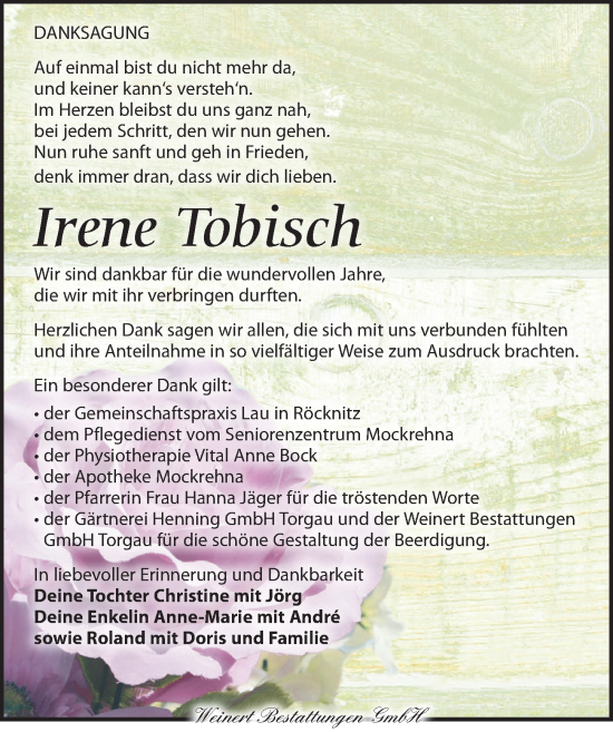 Traueranzeige von Irene Tobisch von Torgauer Zeitung