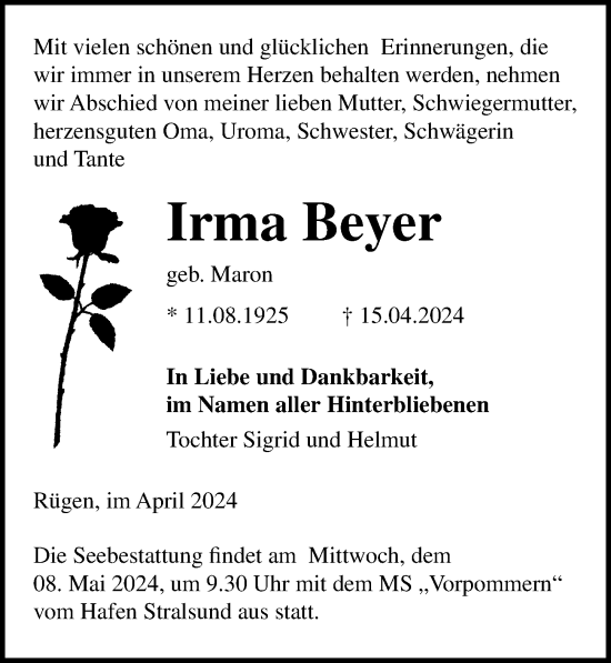 Traueranzeige von Irma Beyer von Ostsee-Zeitung GmbH