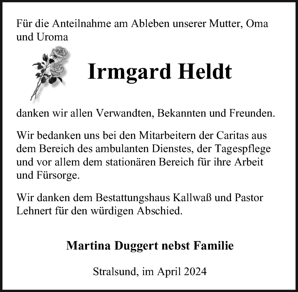 Traueranzeige für Irmgard Heldt vom 20.04.2024 aus Ostsee-Zeitung GmbH