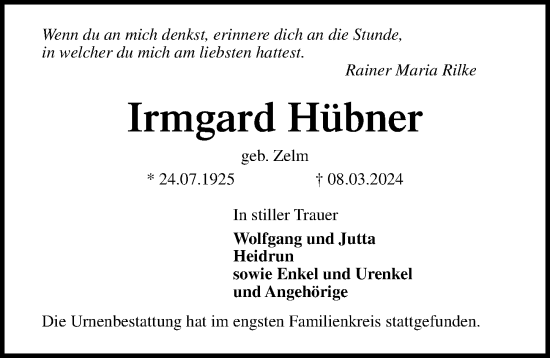 Traueranzeige von Irmgard Hübner von Lübecker Nachrichten