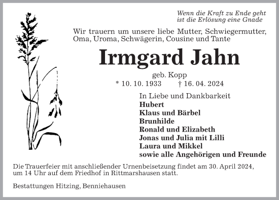 Traueranzeige von Irmgard Jahn von Göttinger Tageblatt