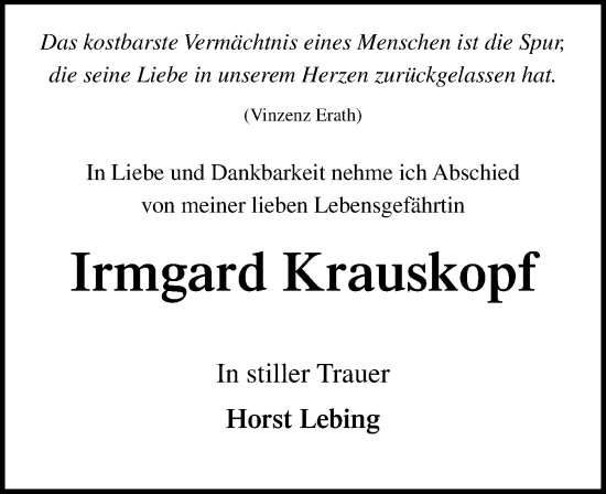 Traueranzeige von Irmgard Krauskopf von Ostsee-Zeitung GmbH