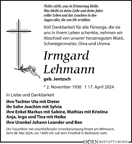 Traueranzeige von Irmgard Lehmann von Leipziger Volkszeitung