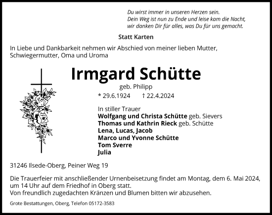 Traueranzeige von Irmgard Schütte von Peiner Allgemeine Zeitung