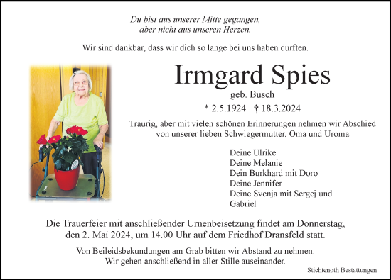 Traueranzeige von Irmgard Spies von Göttinger Tageblatt