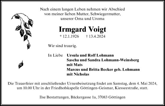 Traueranzeige von Irmgard Voigt von Göttinger Tageblatt