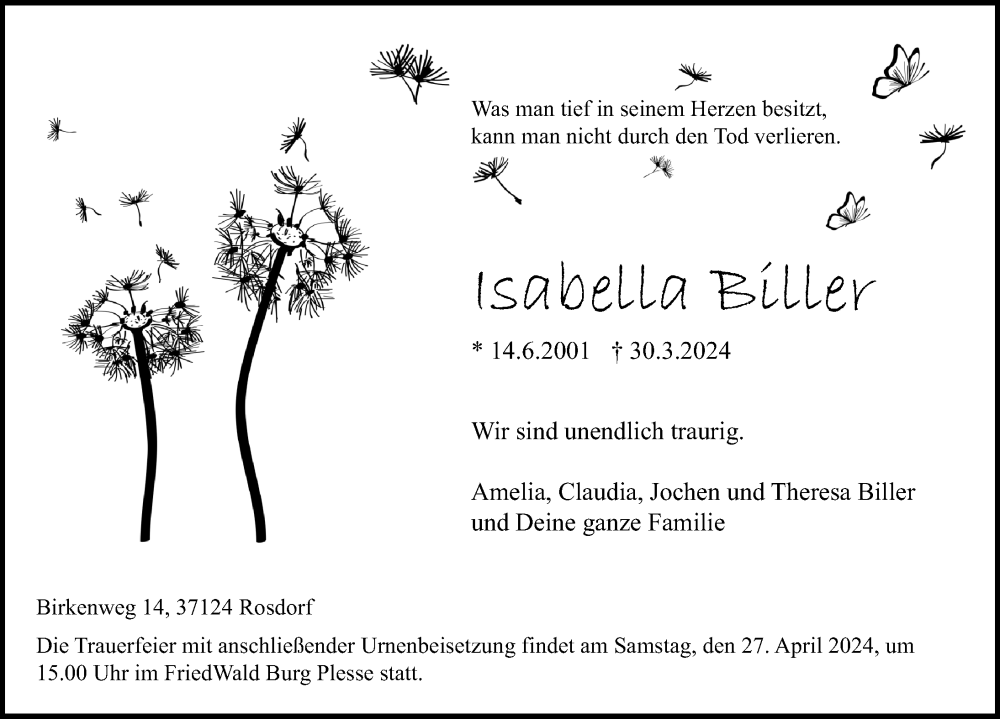  Traueranzeige für Isabella Biller vom 13.04.2024 aus Göttinger Tageblatt