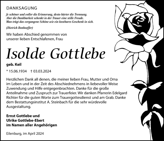 Traueranzeige von Isolde Gottlebe von Leipziger Volkszeitung