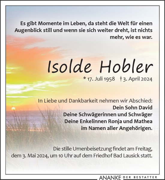Traueranzeige von Isolde Hobler von Leipziger Volkszeitung