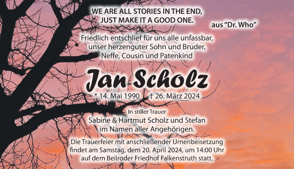  Traueranzeige für Jan Scholz vom 13.04.2024 aus Torgauer Zeitung