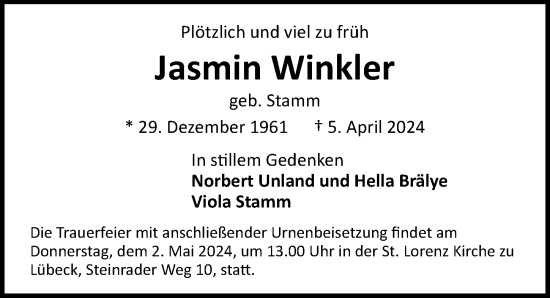 Traueranzeige von Jasmin Winkler von Lübecker Nachrichten