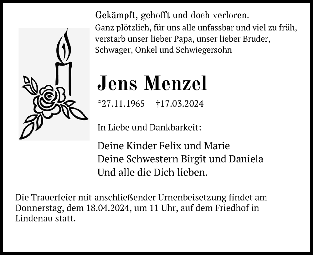  Traueranzeige für Jens Menzel vom 06.04.2024 aus Leipziger Volkszeitung