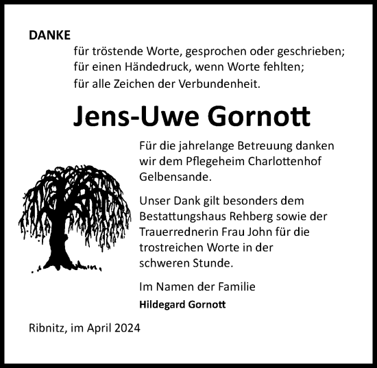 Traueranzeige von Jens-Uwe Gornott von Ostsee-Zeitung GmbH