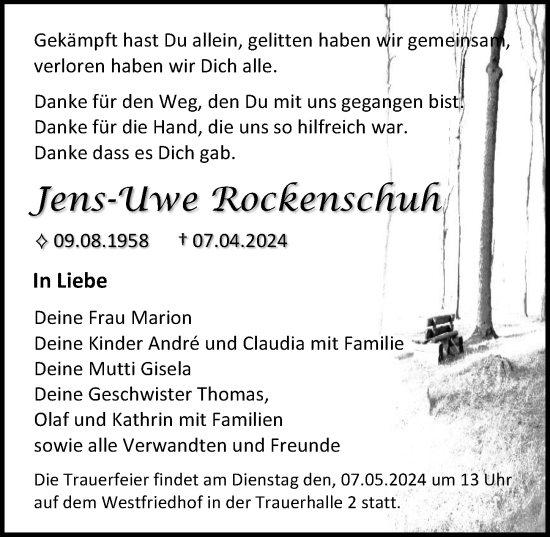 Traueranzeige von Jens-Uwe Rockenschuh von Ostsee-Zeitung GmbH