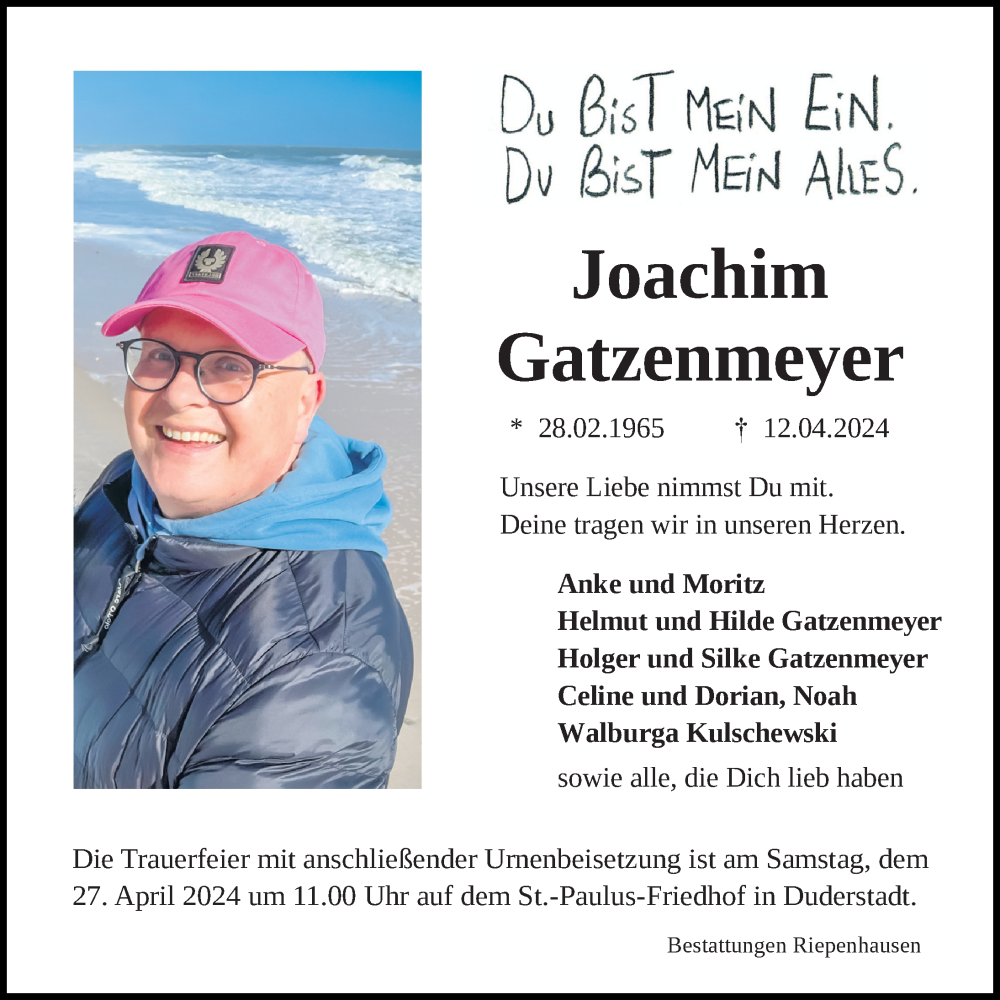  Traueranzeige für Joachim Gatzenmeyer vom 20.04.2024 aus Eichsfelder Tageblatt