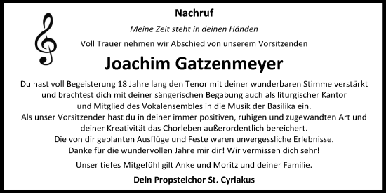 Traueranzeige von Joachim Gatzenmeyer von Eichsfelder Tageblatt