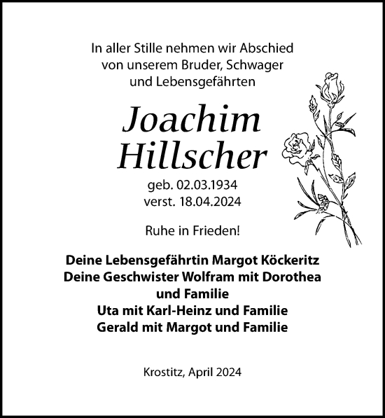 Traueranzeige von Joachim Hillscher von Leipziger Volkszeitung