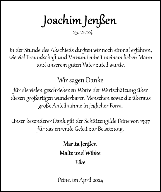 Traueranzeige von Joachim Jenßen von Peiner Allgemeine Zeitung