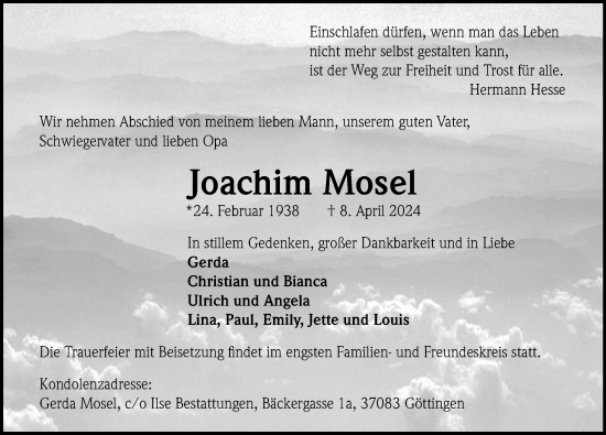Traueranzeige von Joachim Mosel von Göttinger Tageblatt