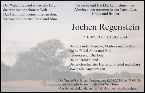 Traueranzeige von Jochen Regenstein von Ostsee-Zeitung GmbH