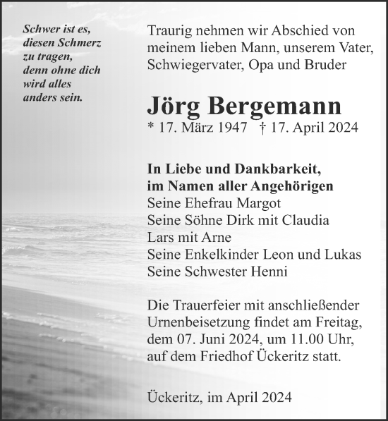 Traueranzeige von Jörg Bergemann von Ostsee-Zeitung GmbH