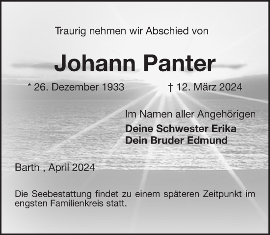 Traueranzeige von Johann Panter von Ostsee-Zeitung GmbH