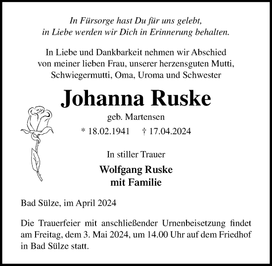 Traueranzeige von Johanna Ruske von Ostsee-Zeitung GmbH