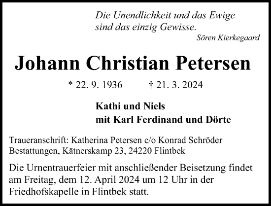 Traueranzeige von Johann Christian Petersen von Lübecker Nachrichten