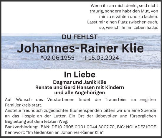 Traueranzeige von Johannes-Rainer Klie von Eichsfelder Tageblatt