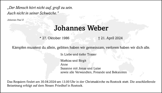 Traueranzeige von Johannes Weber von Ostsee-Zeitung GmbH