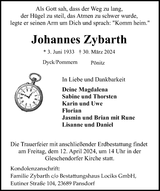 Traueranzeige von Johannes Zybarth von Lübecker Nachrichten
