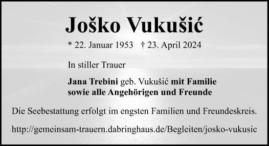 Traueranzeige von Joško Vukušic von Lübecker Nachrichten