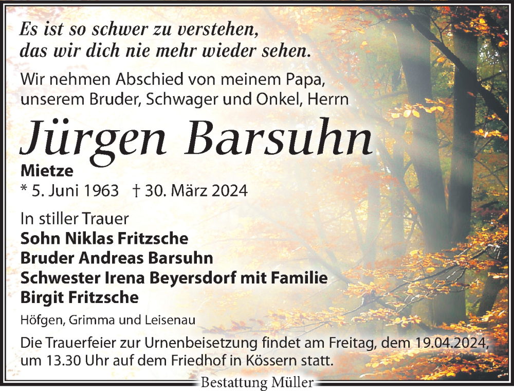  Traueranzeige für Jürgen Barsuhn vom 06.04.2024 aus Leipziger Volkszeitung