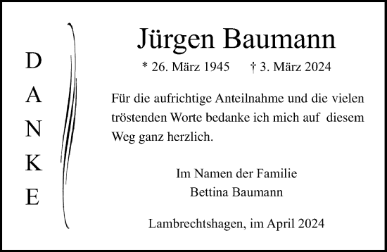Traueranzeige von Jürgen Baumann von Ostsee-Zeitung GmbH