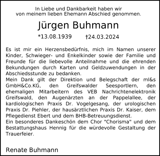 Traueranzeige von Jürgen Buhmann von Ostsee-Zeitung GmbH