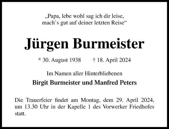 Traueranzeige von Jürgen Burmeister von Lübecker Nachrichten