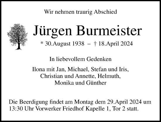 Traueranzeige von Jürgen Burmeister von Lübecker Nachrichten