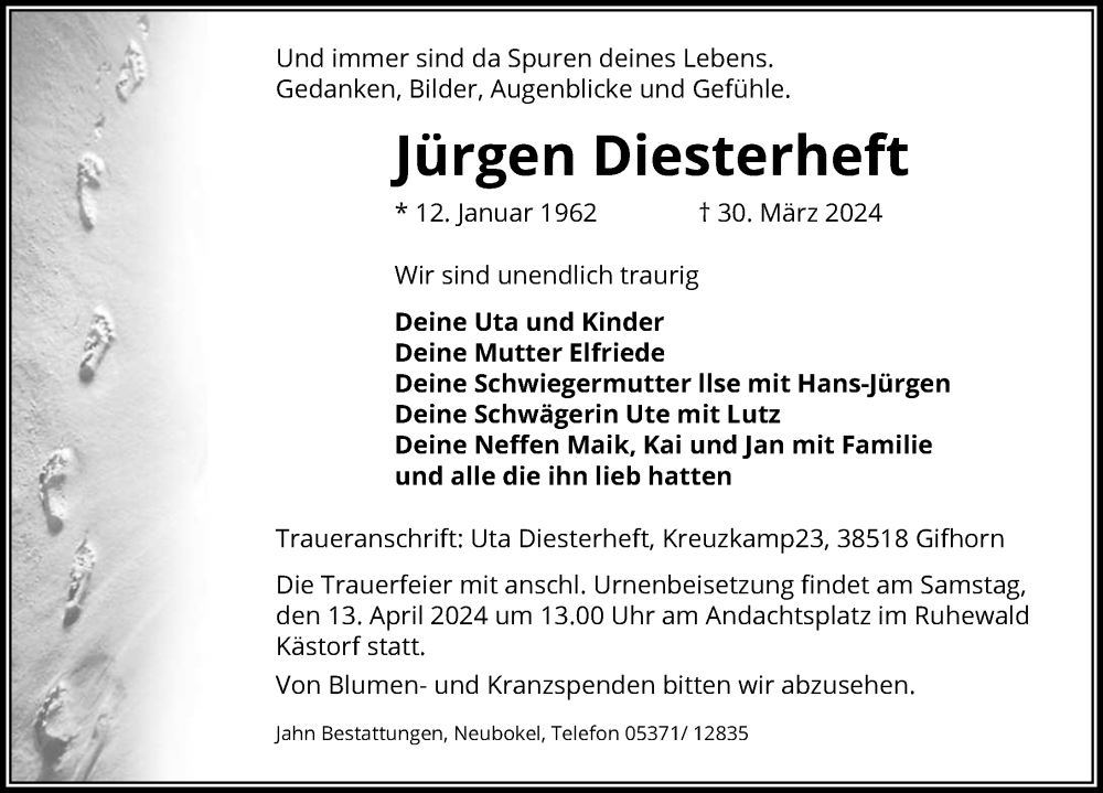  Traueranzeige für Jürgen Diesterheft vom 06.04.2024 aus Aller Zeitung