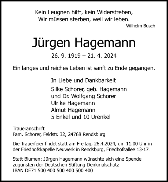 Traueranzeige von Jürgen Hagemann von Lübecker Nachrichten