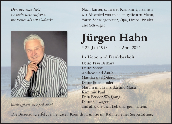 Traueranzeige von Jürgen Hahn von Ostsee-Zeitung GmbH